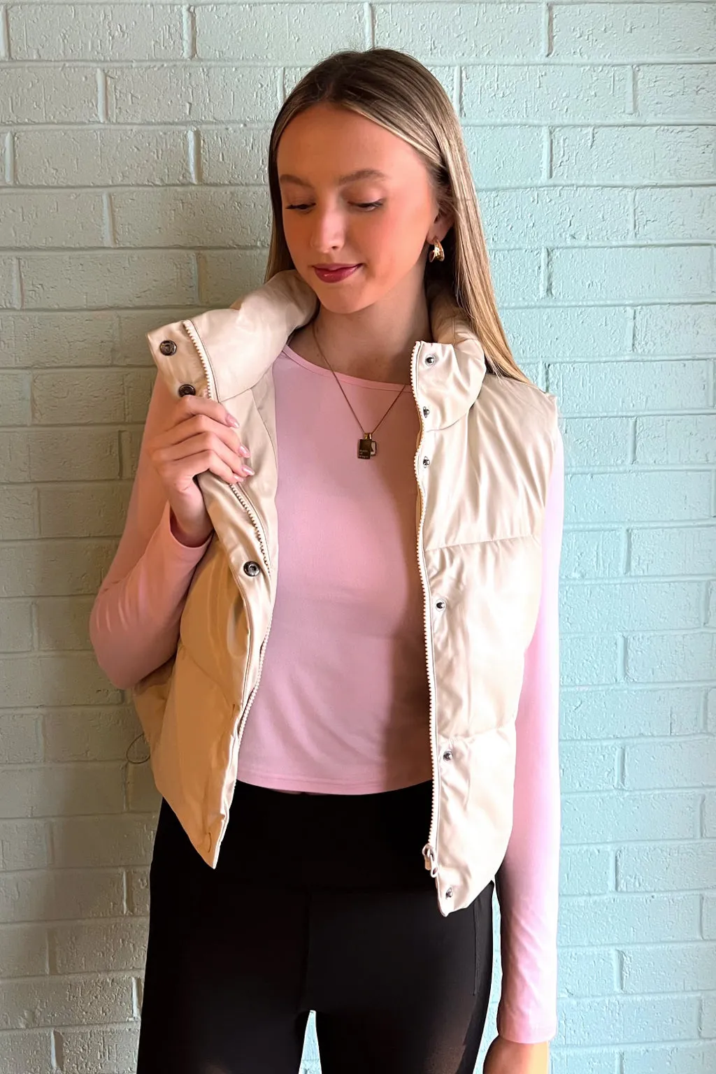 Vegan Leather Puffer Vest-Cream