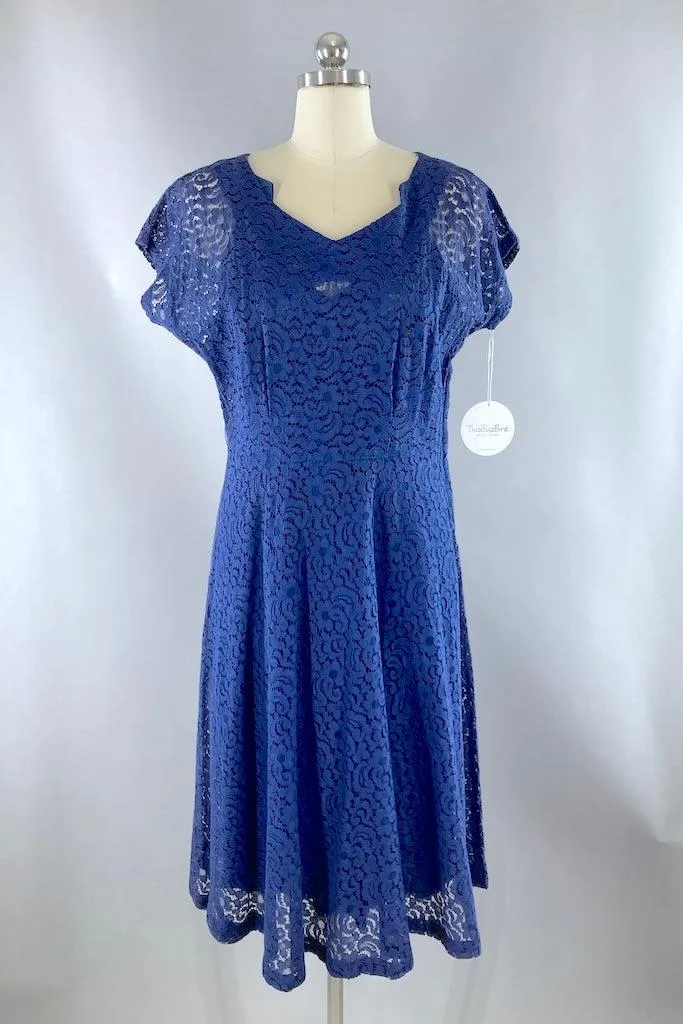 Vintage 1940s Navy Blue Lace Dress & Slip