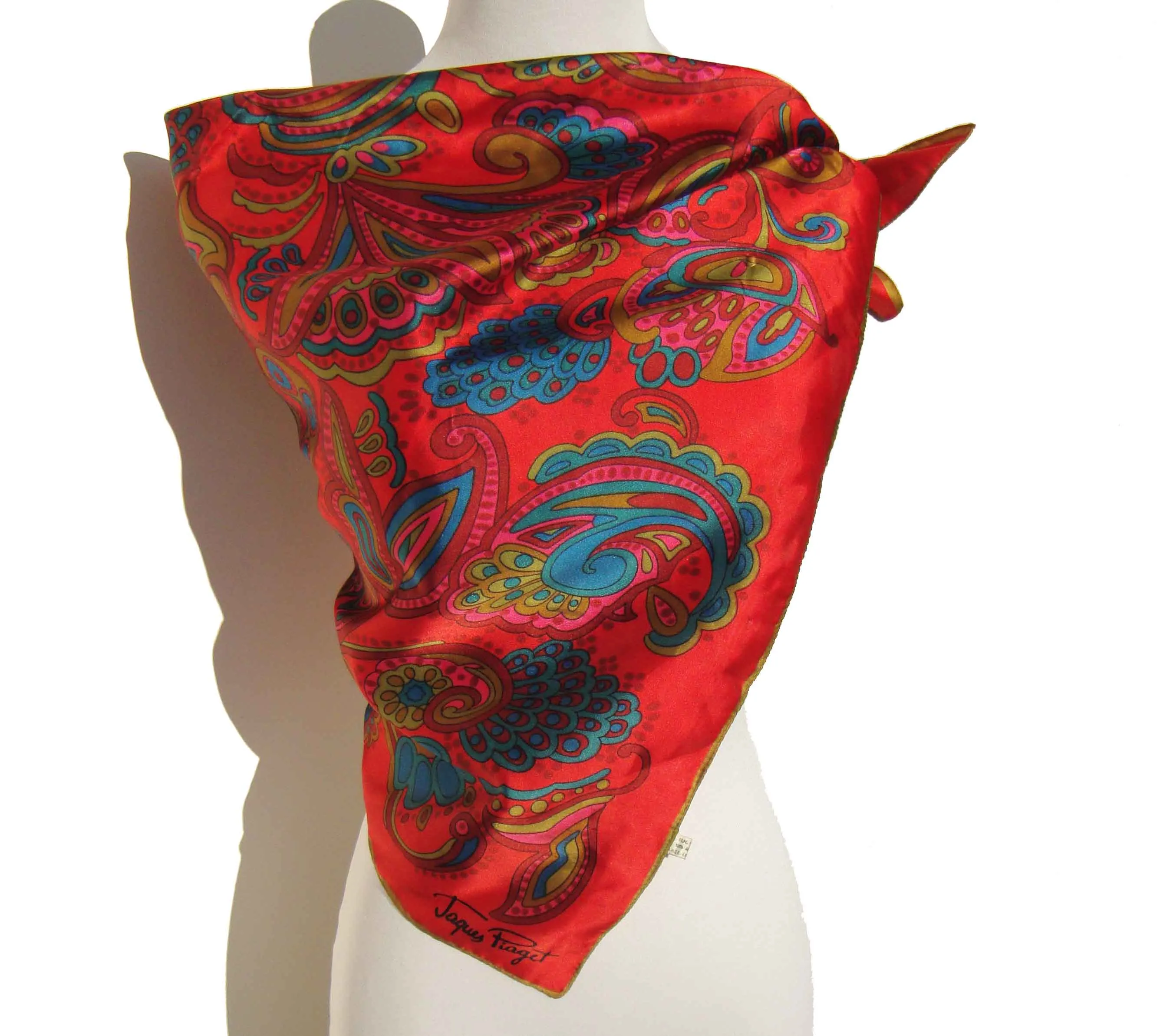 Vintage Jaques Piaget Scarf Red Floral Satin