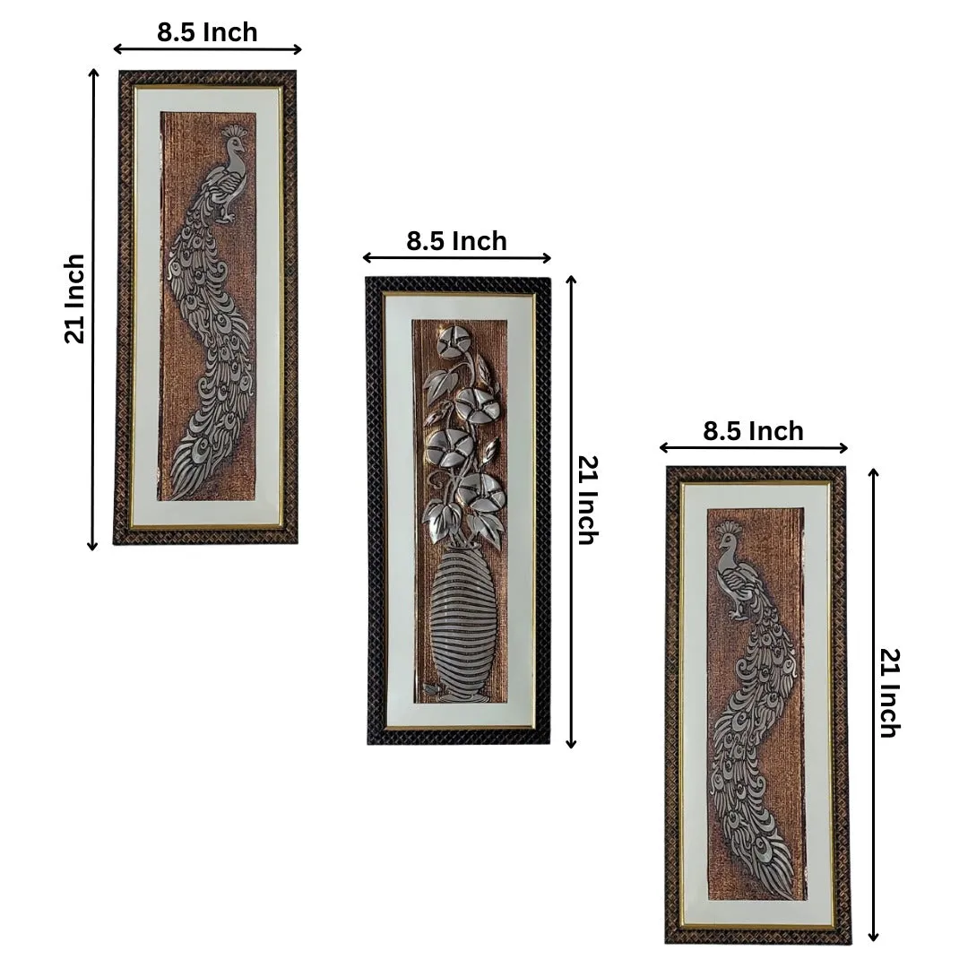 Wall Decor Copper Foil One Pcs Flower and Two Pcs Peacocks Panels with Mounting, Plastic Glass and Synthetic Wood Frame (8.5X21 Inch, 3Pcs)