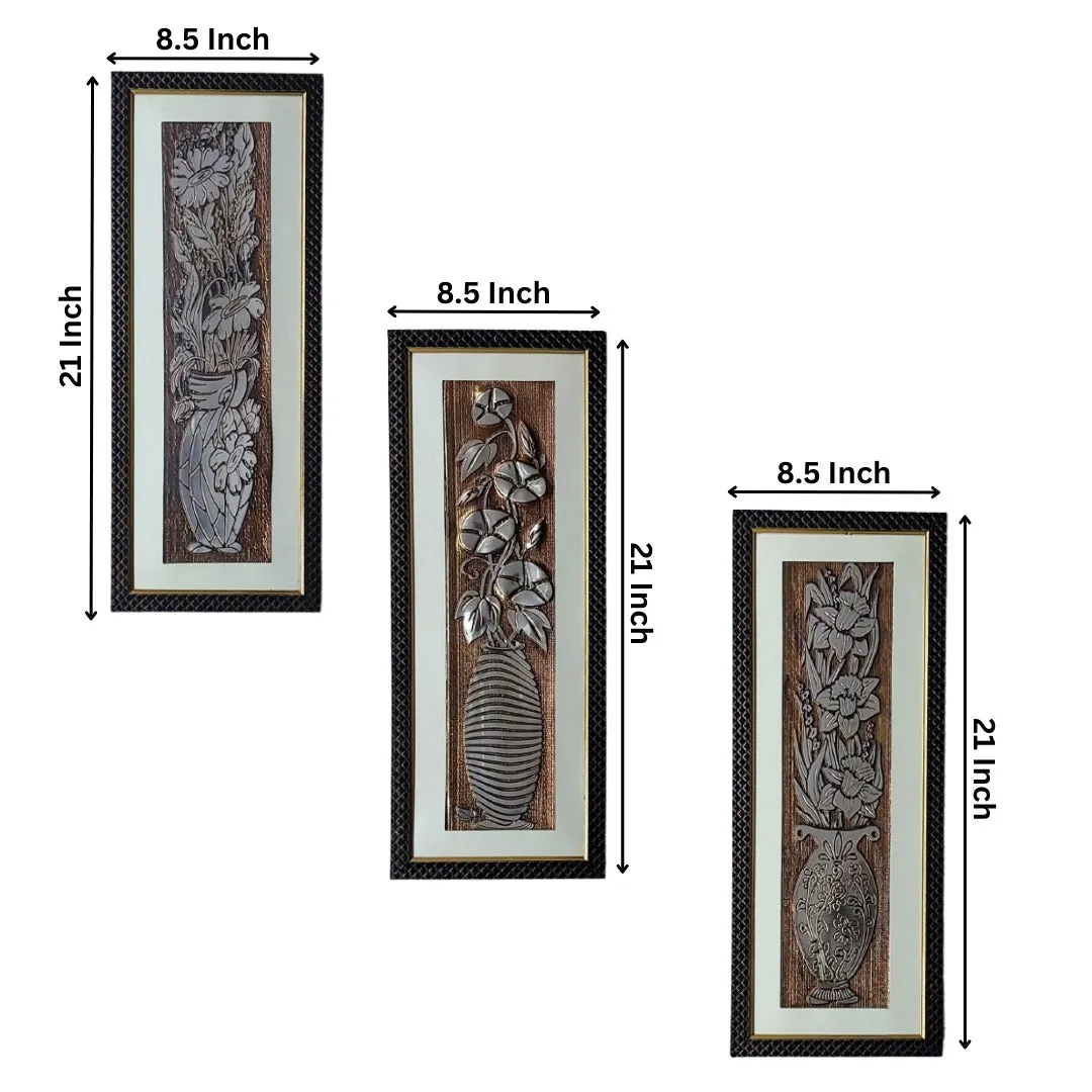 Wall Decor Copper Foil Three Flower Panels with Mounting, Plastic Glass and Synthetic Wood Frame (8.5X21 Inch, 3Pcs)