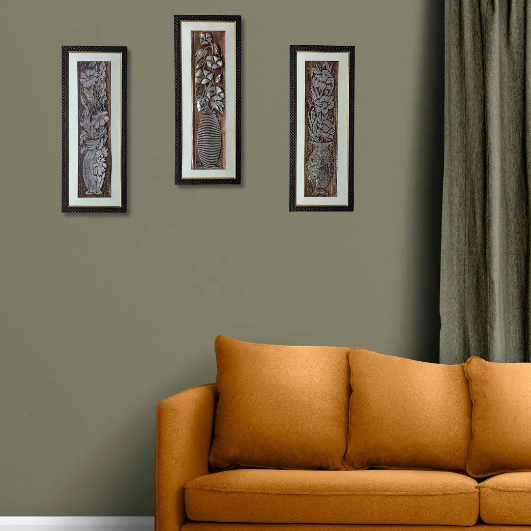 Wall Decor Copper Foil Three Flower Panels with Mounting, Plastic Glass and Synthetic Wood Frame (8.5X21 Inch, 3Pcs)