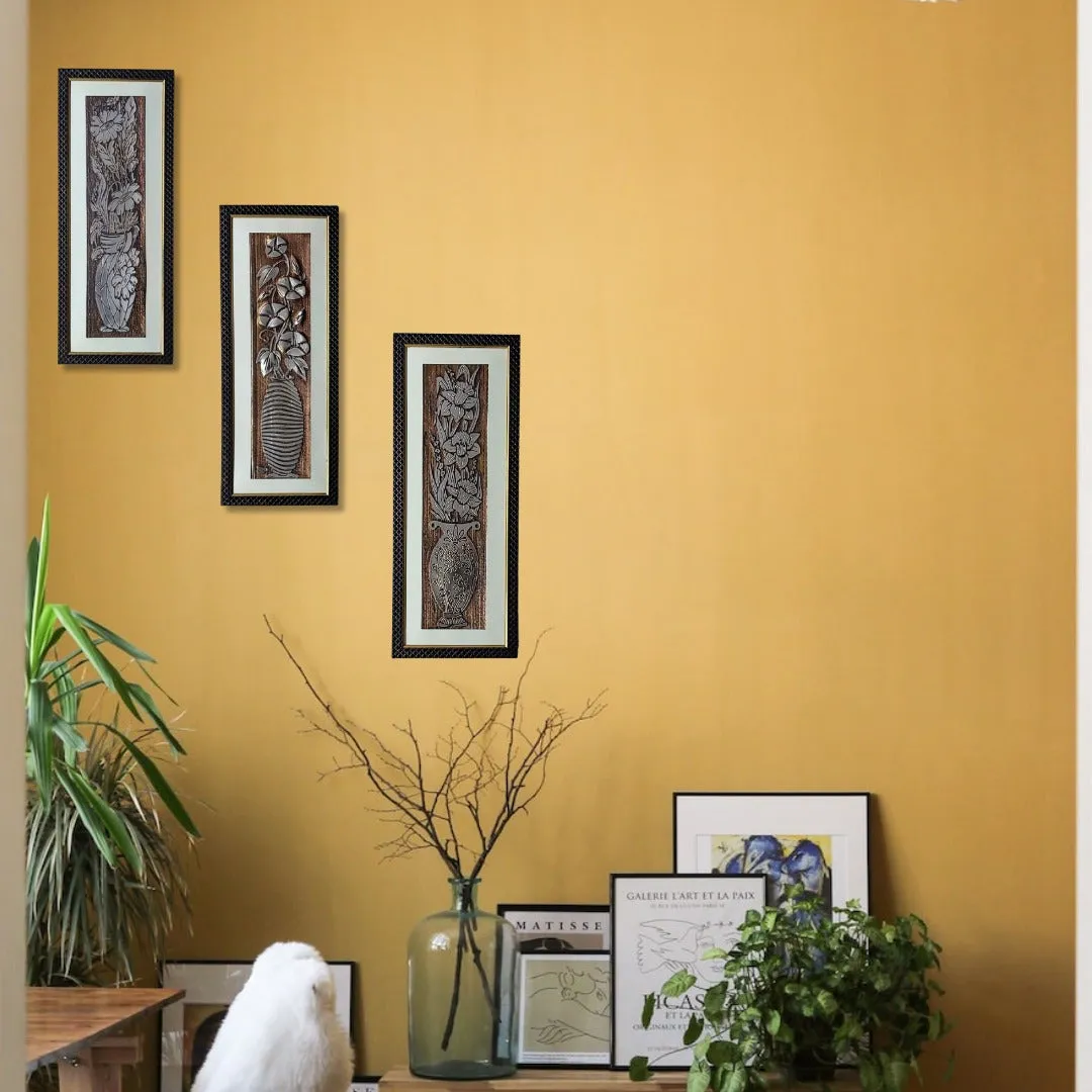 Wall Decor Copper Foil Three Flower Panels with Mounting, Plastic Glass and Synthetic Wood Frame (8.5X21 Inch, 3Pcs)