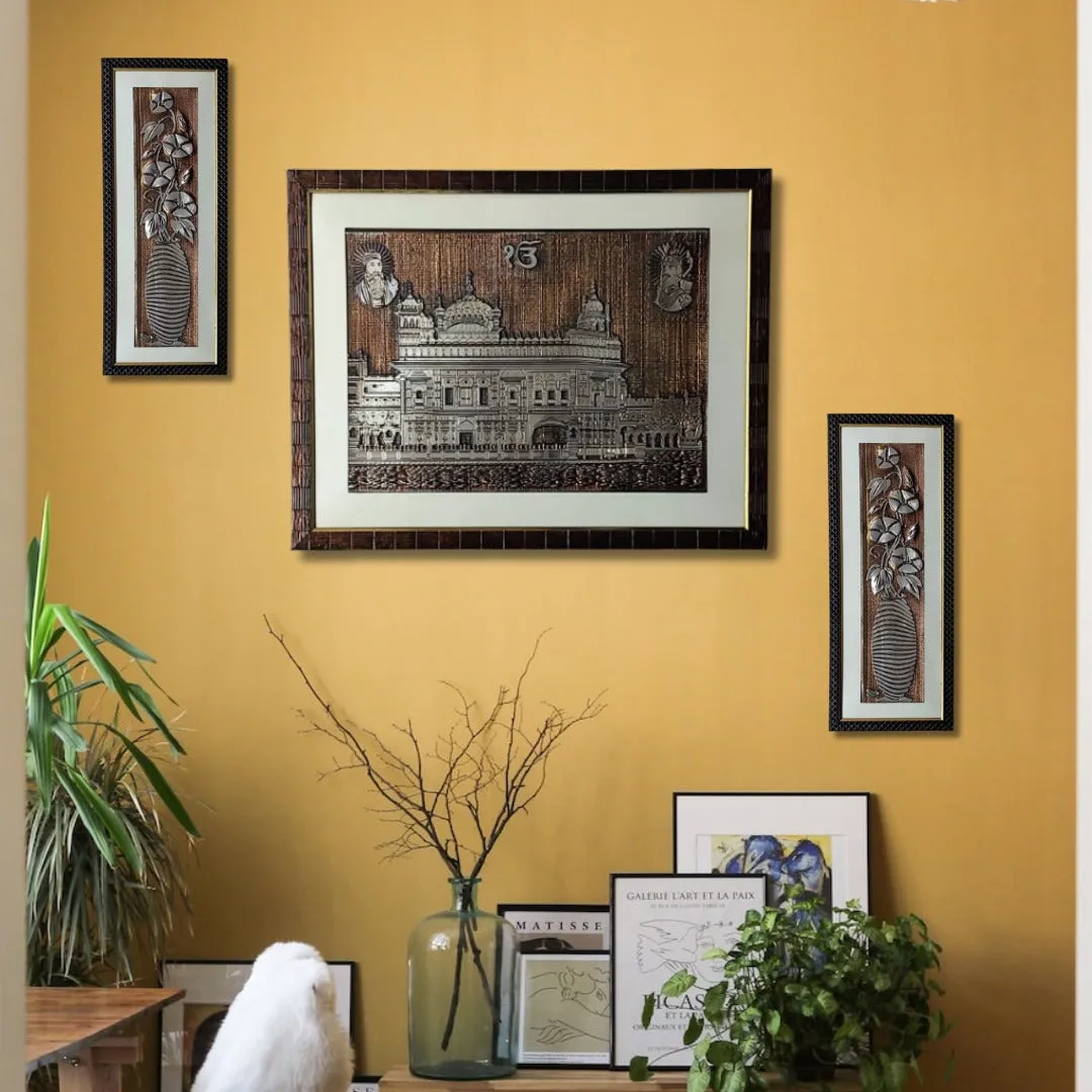 Wall Decor Copper Foil Two Pcs Flowers and One Pcs Golden Temple Panel with Mounting, Plastic Glass and Synthetic Wood Frame (20.5X27.5 Inch-1Pcs, 8.5X21 Inch-2Pcs)