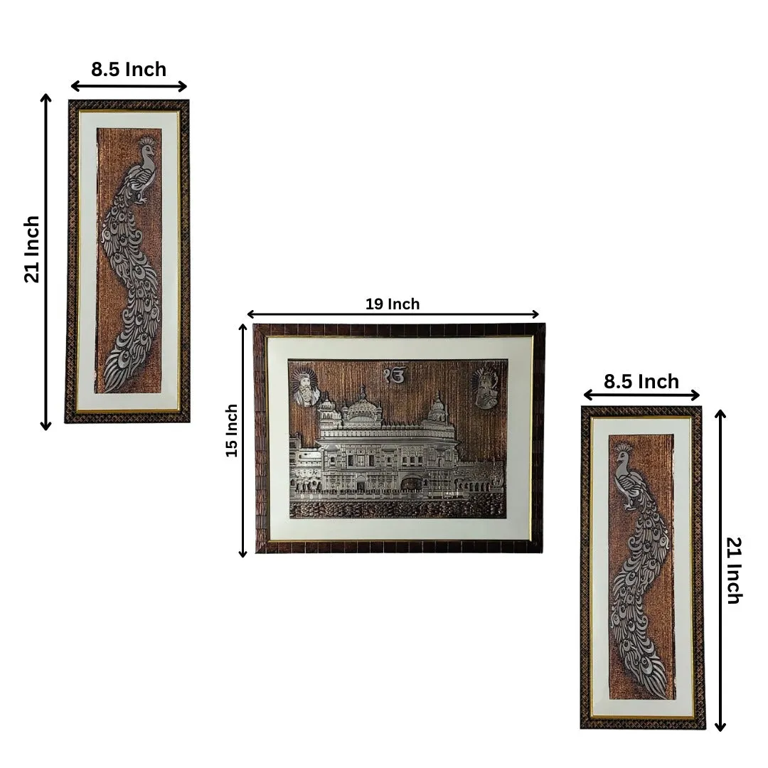 Wall Decor Copper Foil Two Pcs Peacock and One Pcs Golden Temple Panel with Mounting, Plastic Glass and Synthetic Wood Frame (15X19 Inch-1Pcs, 8.5X21 Inch-2Pcs)