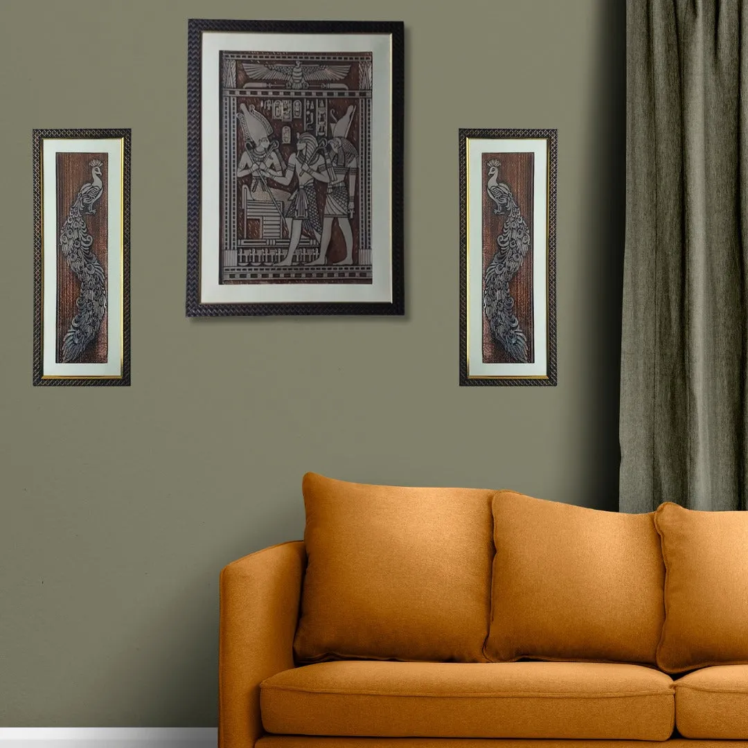 Wall Decor Copper Foil Two Pcs Peacocks and One Pcs Egypt Mythology Panel with Mounting, Plastic Glass and Synthetic Wood Frame (20.5X27.5 Inch-1Pcs, 8.5X21 Inch-2Pcs)