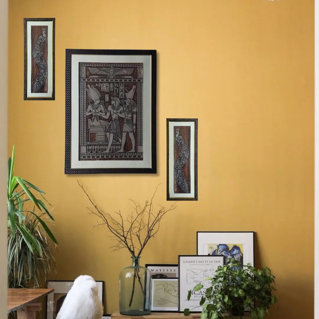 Wall Decor Copper Foil Two Pcs Peacocks and One Pcs Egypt Mythology Panel with Mounting, Plastic Glass and Synthetic Wood Frame (20.5X27.5 Inch-1Pcs, 8.5X21 Inch-2Pcs)