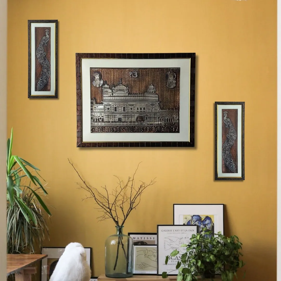 Wall Decor Copper Foil Two Pcs Peacocks and One Pcs Golden Temple Panel with Mounting, Plastic Glass and Synthetic Wood Frame (20.5X27.5 Inch-1Pcs, 8.5X21 Inch-2Pcs)