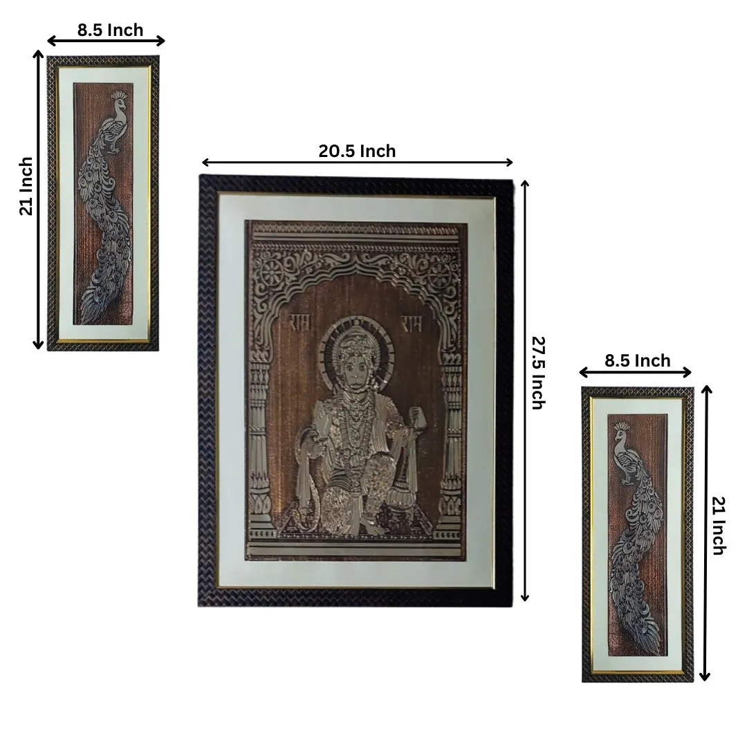 Wall Decor Copper Foil Two Pcs Peacocks and One Pcs Lord Hanuman Panel with Mounting, Plastic Glass and Synthetic Wood Frame (20.5X27.5 Inch-1Pcs, 8.5X21 Inch-2Pcs)