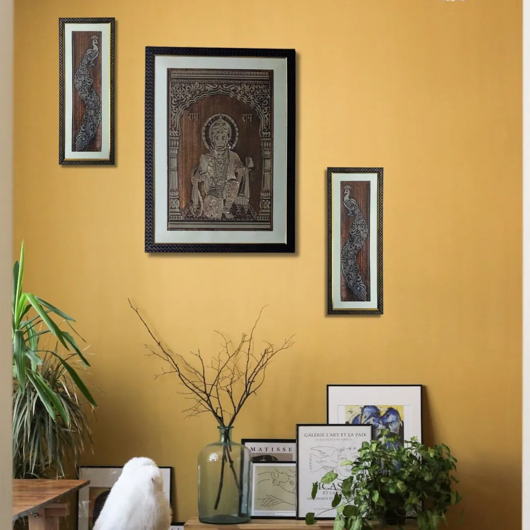 Wall Decor Copper Foil Two Pcs Peacocks and One Pcs Lord Hanuman Panel with Mounting, Plastic Glass and Synthetic Wood Frame (20.5X27.5 Inch-1Pcs, 8.5X21 Inch-2Pcs)