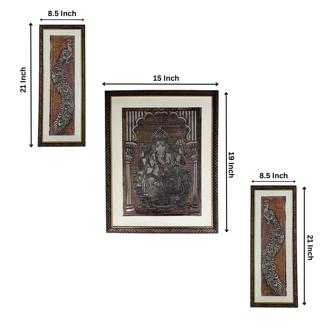 Wall Decor Copper Foil Two Pcs Peacocks and One Pcs Shri Ganesh Panel with Mounting, Plastic Glass and Synthetic Wood Frame (15X19 Inch-1Pcs, 8.5X21 Inch-2Pcs)