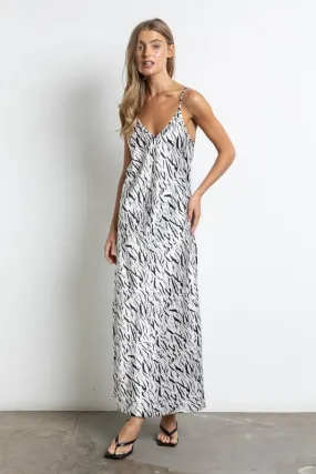 White Animal Print Satin Midi Slip Dress