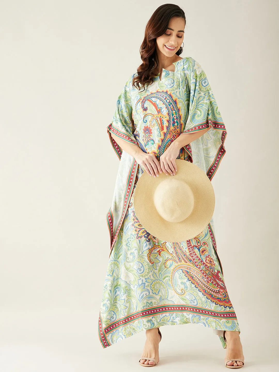 White Paisely Printed Kaftan Dress