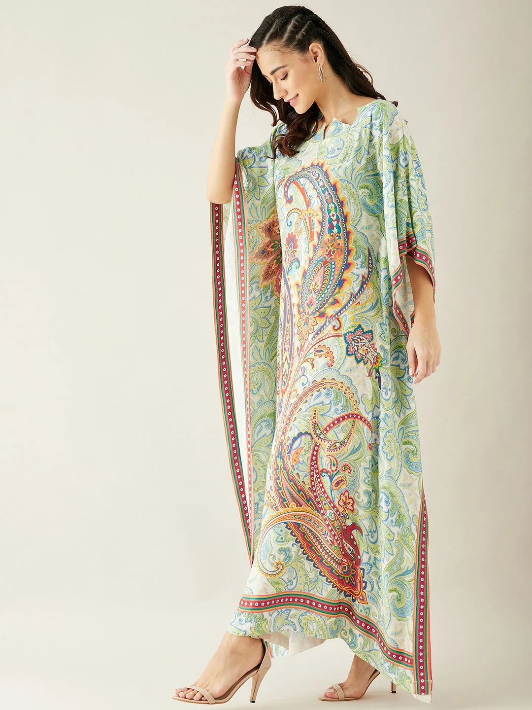 White Paisely Printed Kaftan Dress