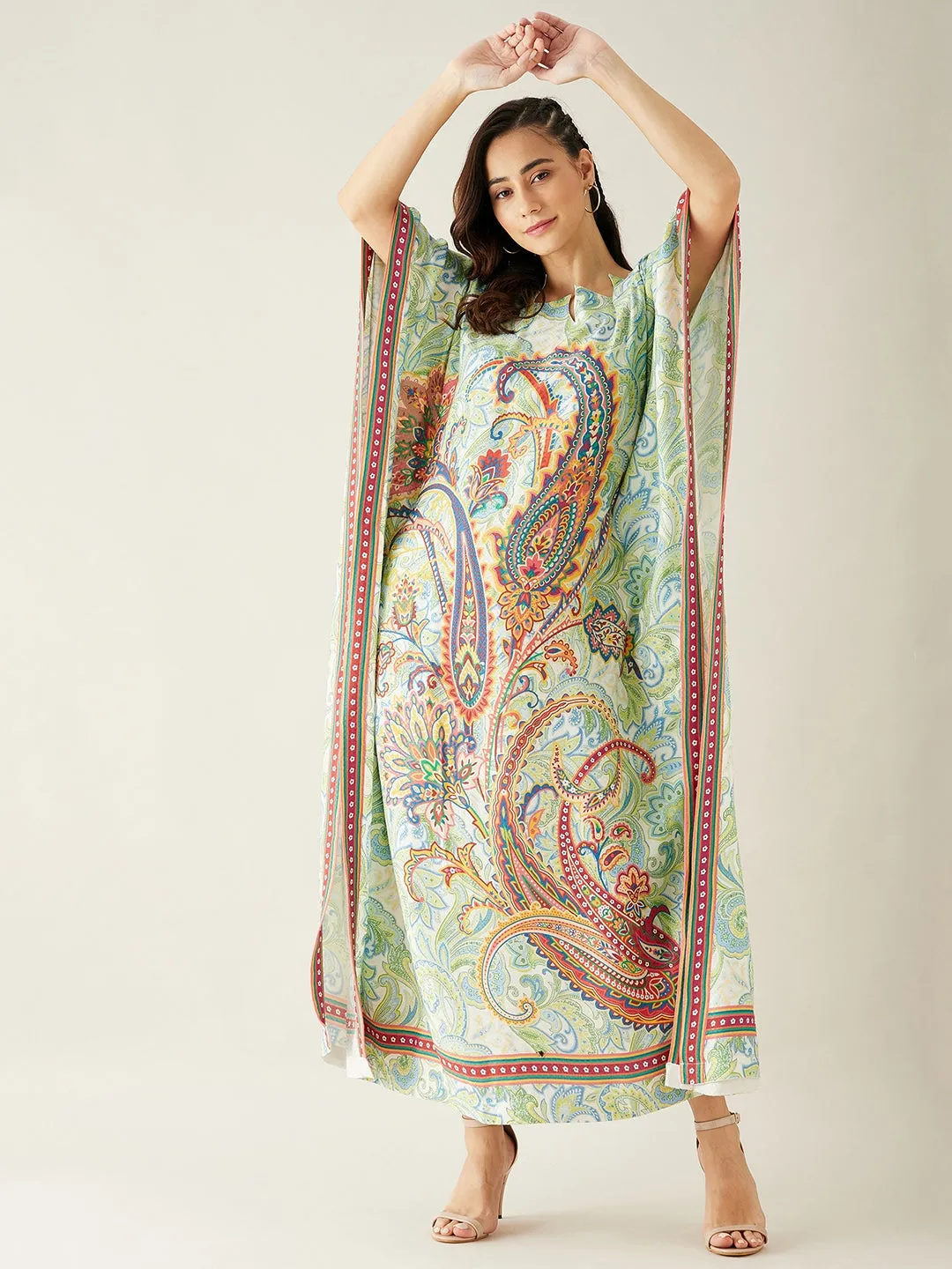 White Paisely Printed Kaftan Dress