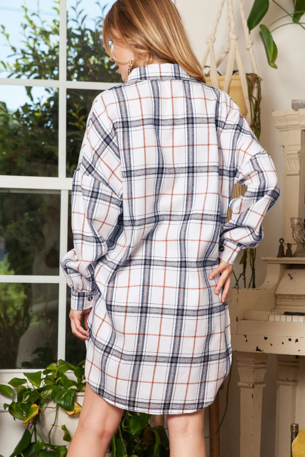 White Plaid Slits Bishop Sleeve Oversized Shacket