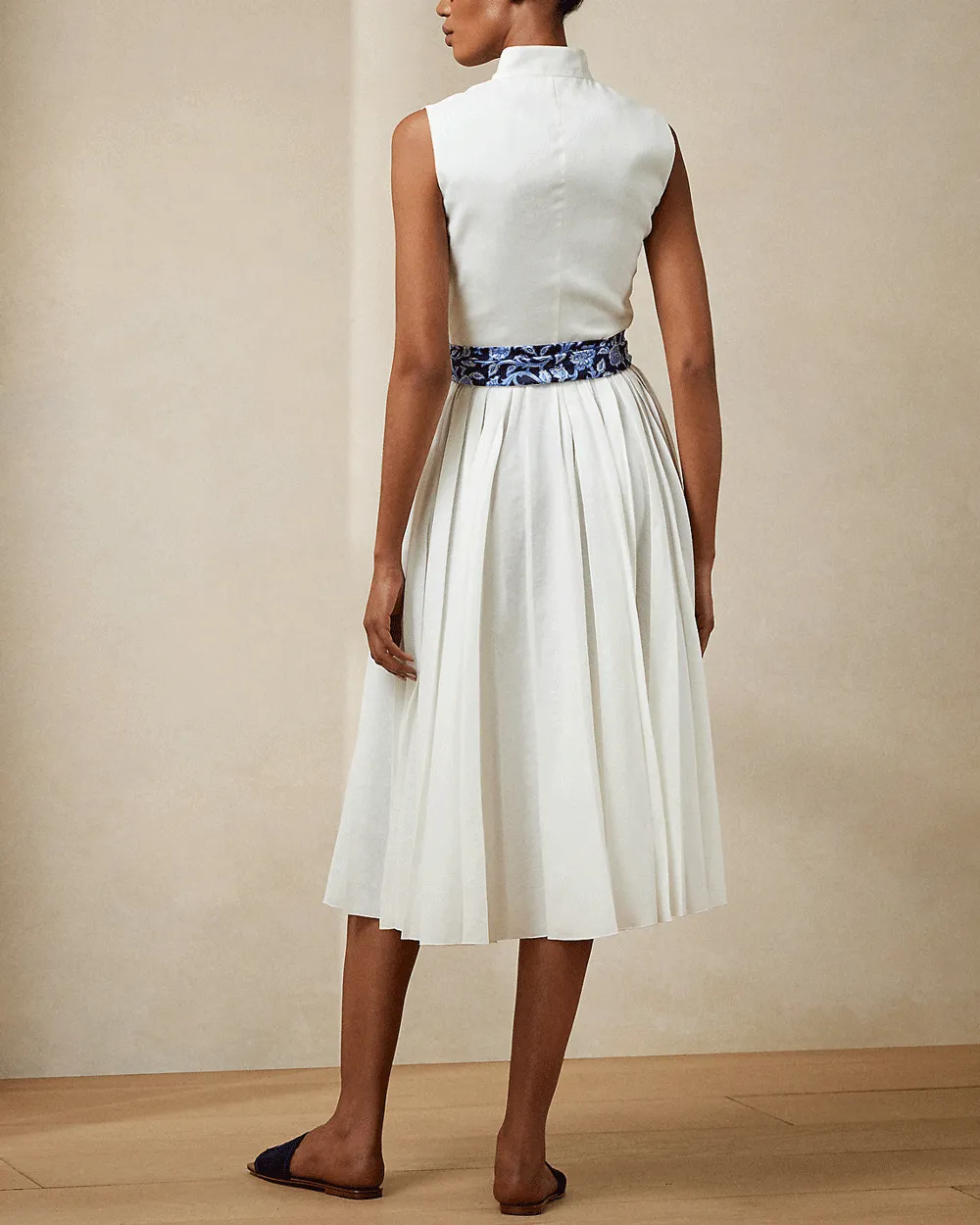 White Roald Pleated Linen Day Dress