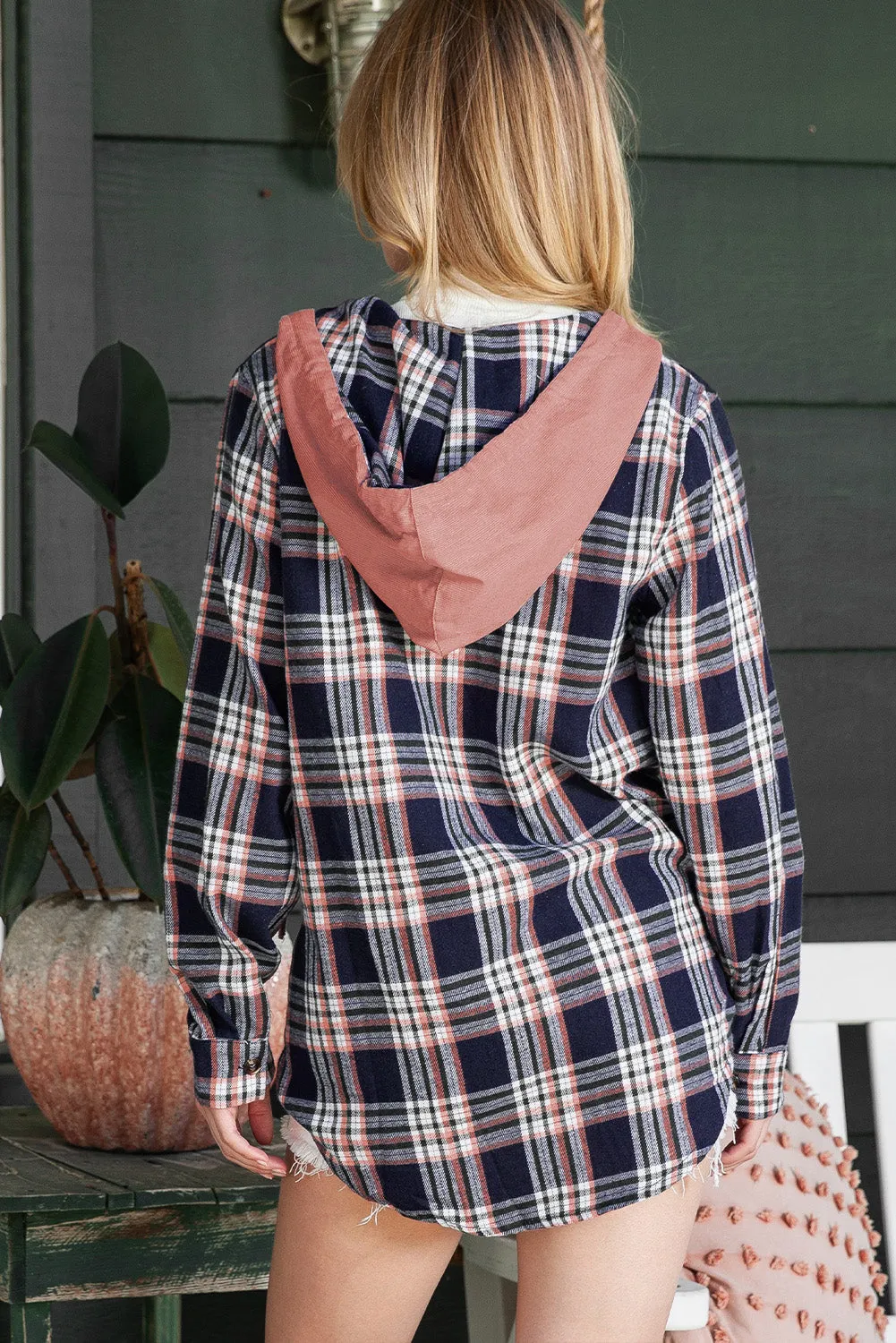 Wholesale Pink Plaid Contrast Hooded Drawstring Shacket