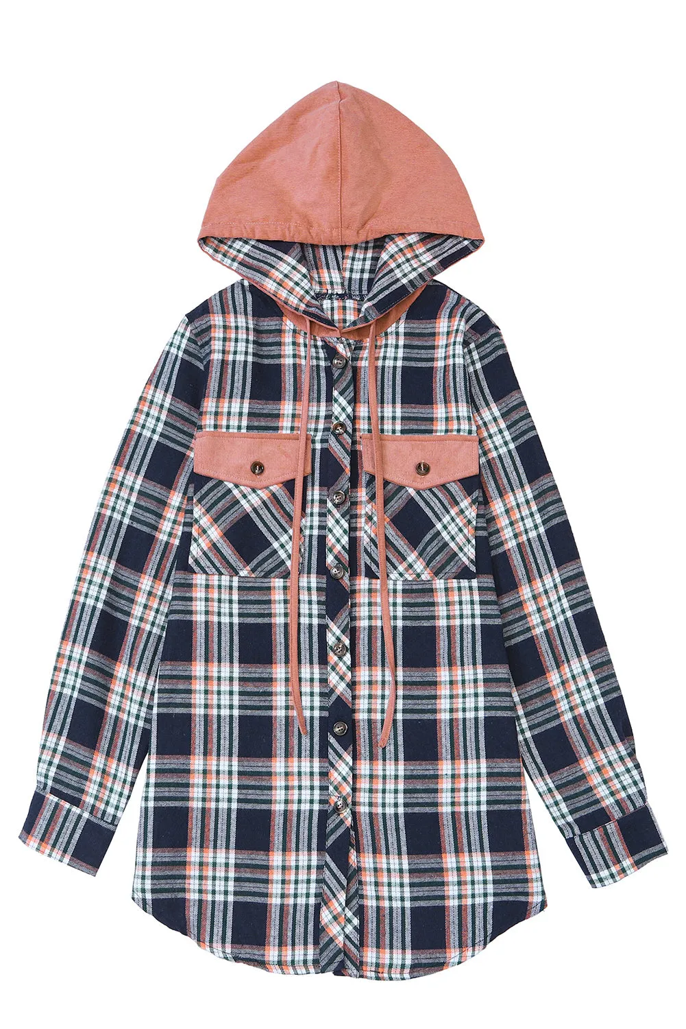 Wholesale Pink Plaid Contrast Hooded Drawstring Shacket