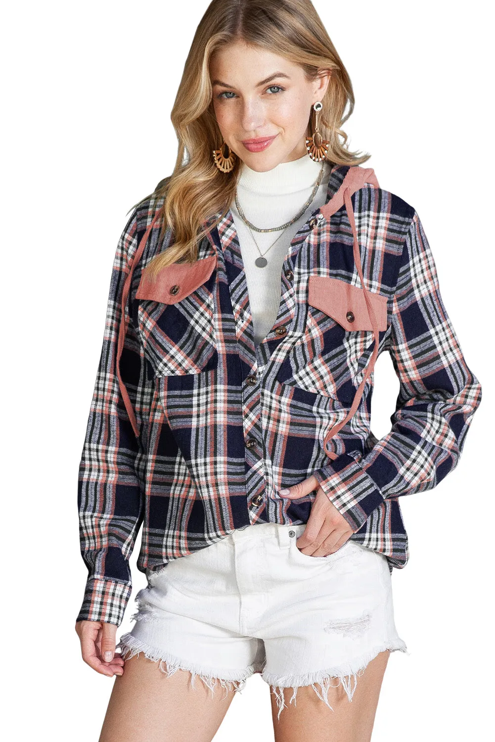 Wholesale Pink Plaid Contrast Hooded Drawstring Shacket