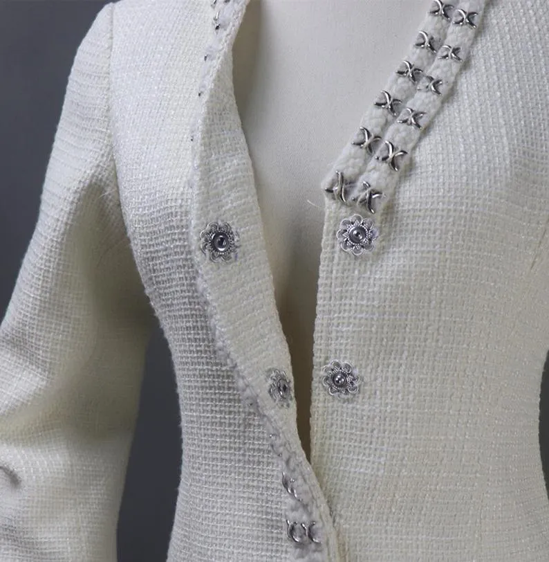 Women's CUSTOM MADE Hand Made Decoration Cream Color Tweed Coat