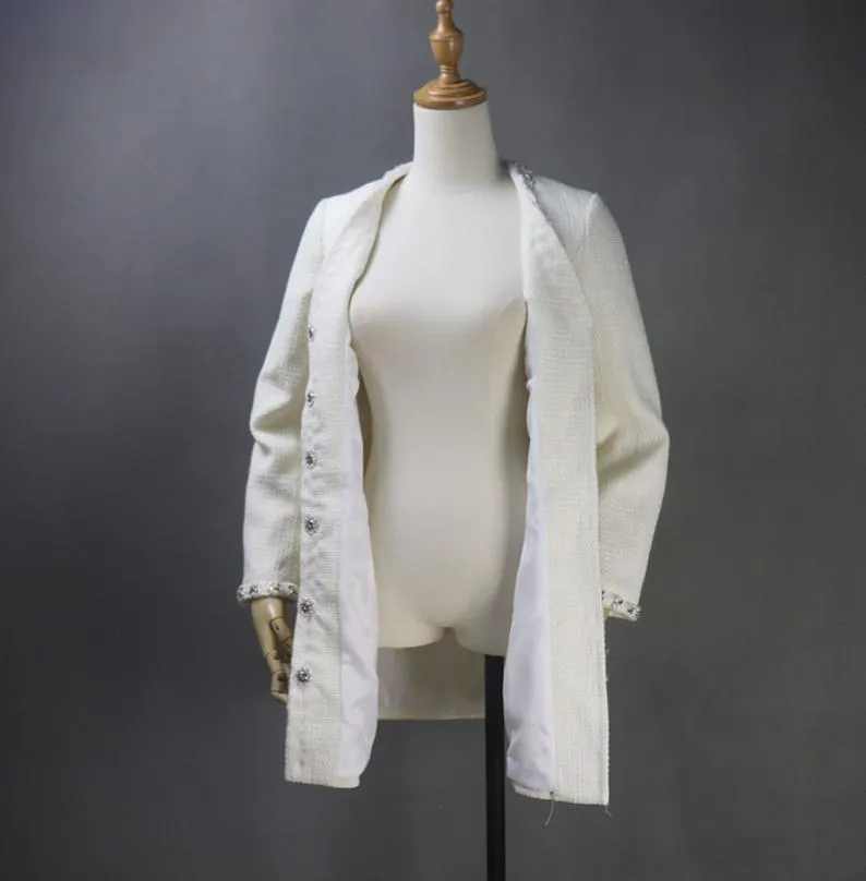 Women's CUSTOM MADE Hand Made Decoration Cream Color Tweed Coat