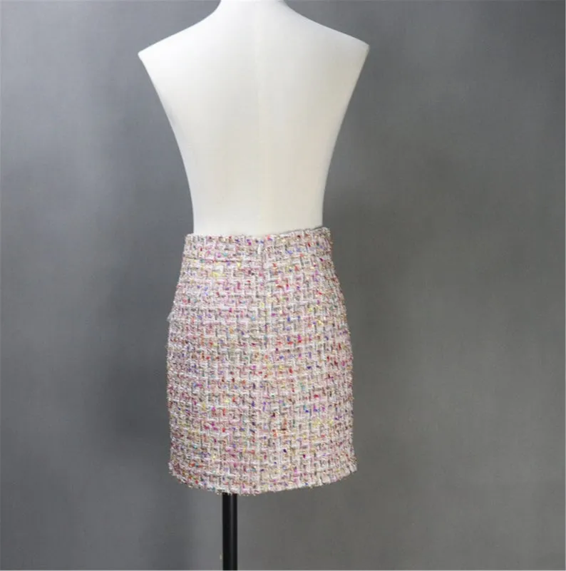 Women's Custom Made Multi-Color Tweed Coat / Cape  Vest   Skirt 3 Pieces Suit Pink