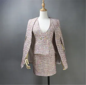 Women's Custom Made Multi-Color Tweed Coat / Cape  Vest   Skirt 3 Pieces Suit Pink