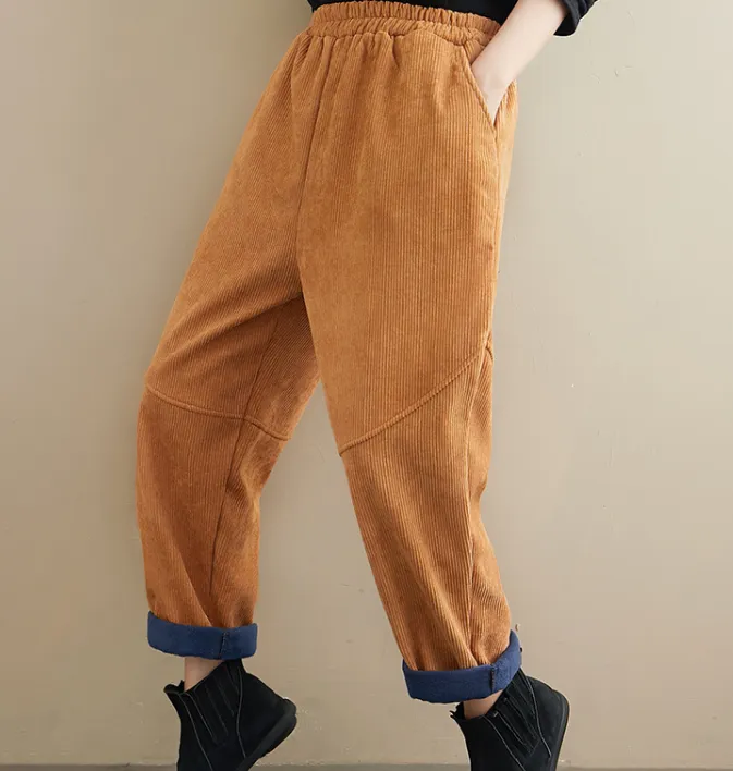 Yellow Corduroy  Stitching Harem Autumn Fleece Women Cotton Wide Leg Pants