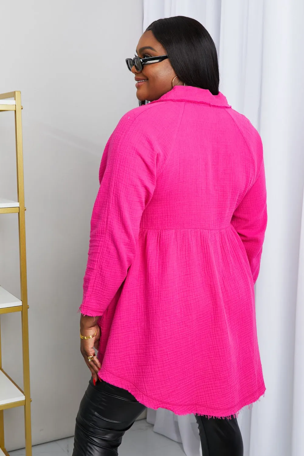 Zenana Bright and Airy Raw Edge Peplum Shirt with Pockets in Hot Pink