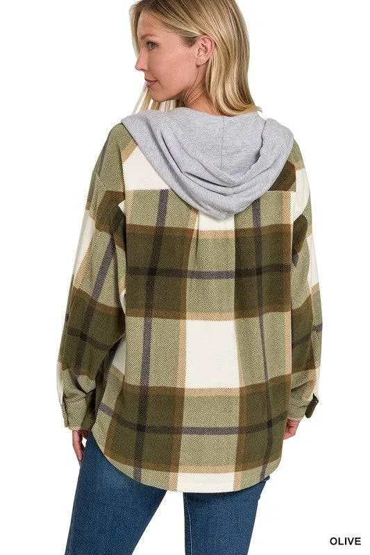 Zenana plaid hooded fleece shacket