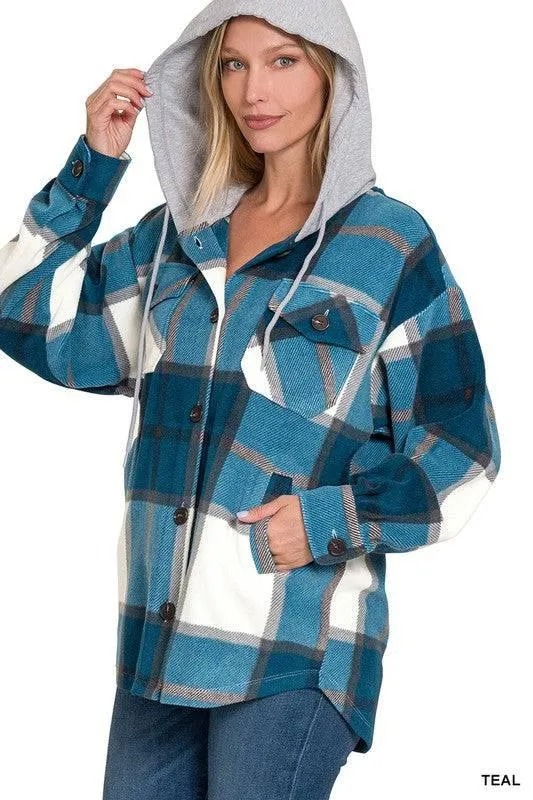 Zenana plaid hooded fleece shacket