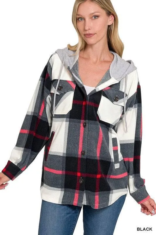 Zenana plaid hooded fleece shacket